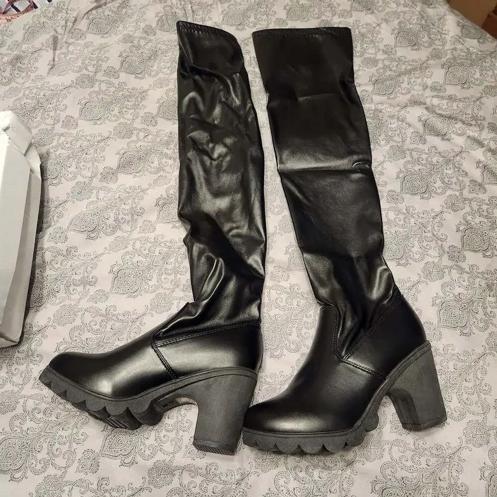 Women's Black PU Leather Over-the-Knee Chunky Block Heel Platform Boots